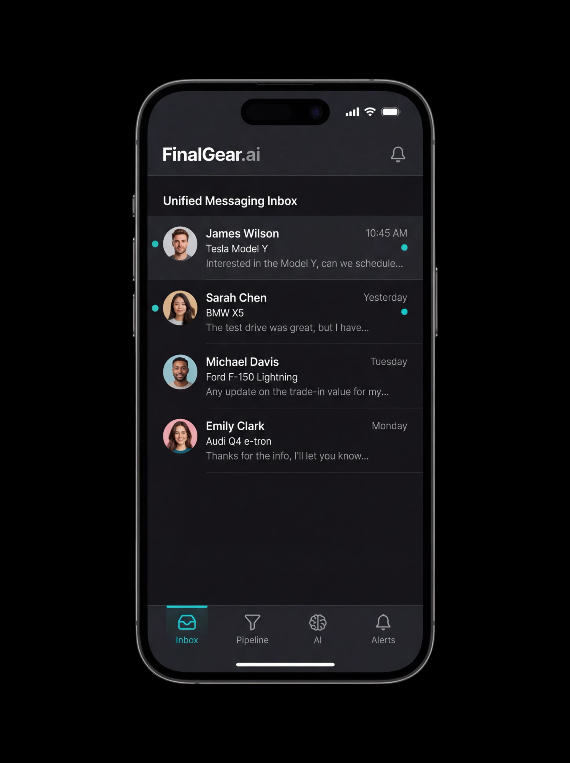 FinalGear.ai mobile app — dealership CRM dashboard