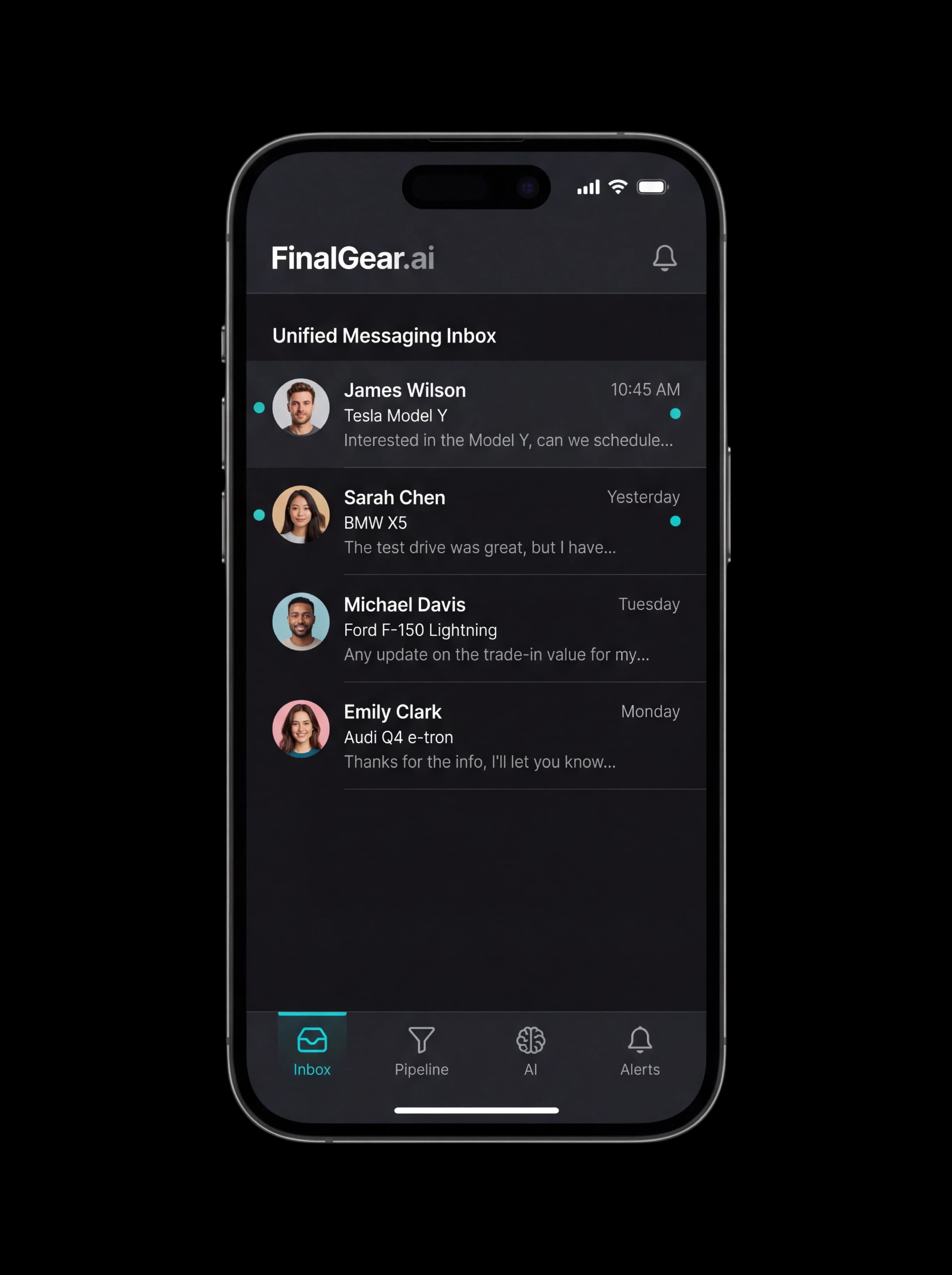 FinalGear.ai mobile app — dealership CRM dashboard